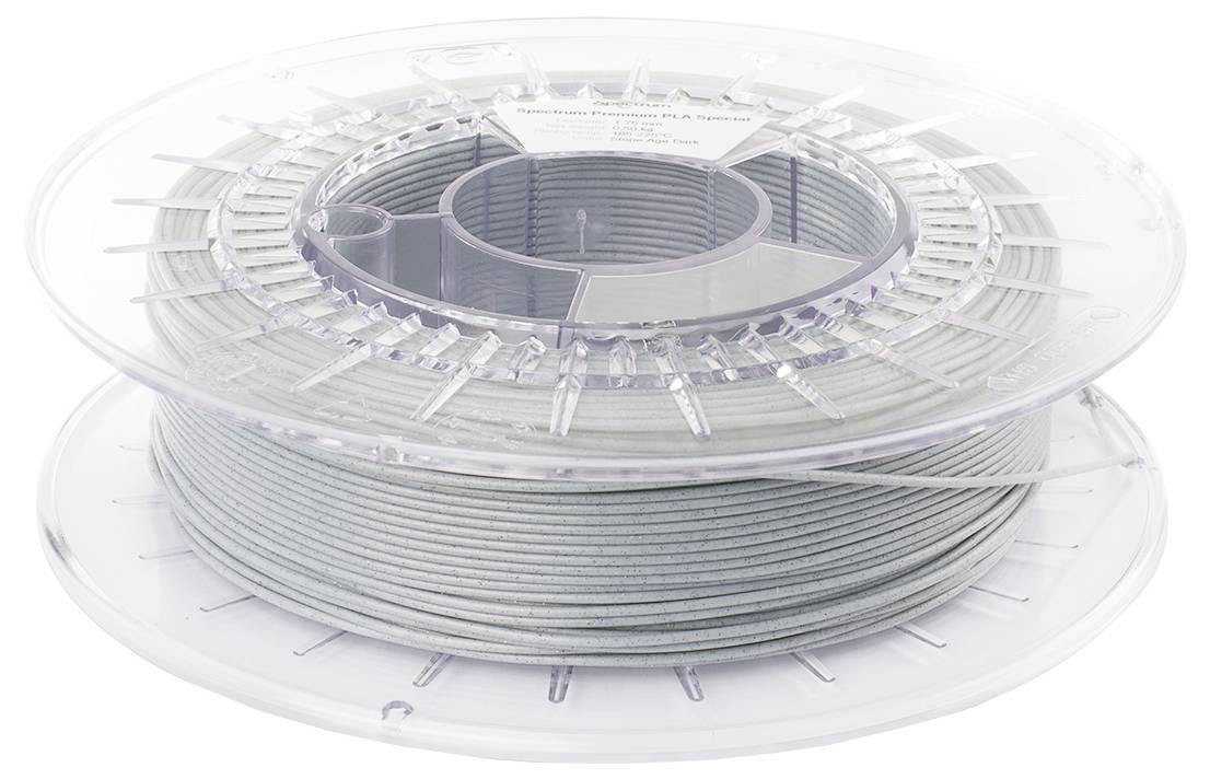 Eine Spule mit grauem Filament für 3D-Drucker, eingewickelt in einer transparenten Kunststoffrolle mit Etikett auf der Oberseite.