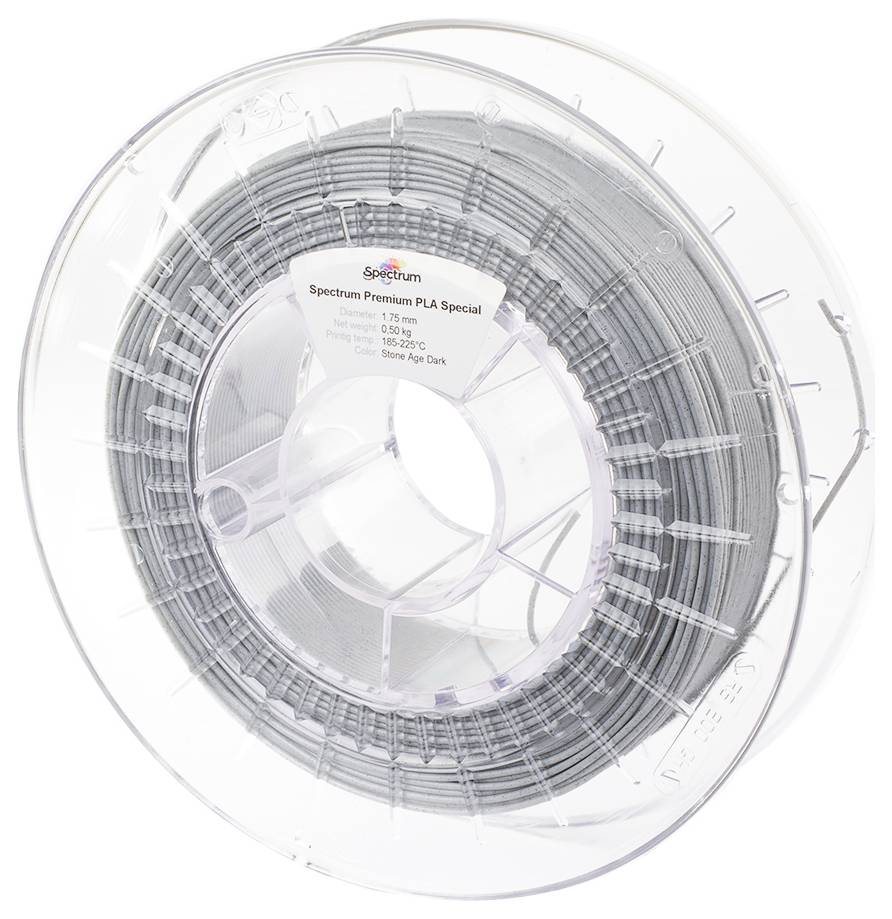 Plastikspule mit grauem 3D-Drucker-Filament, Aufschrift 'Spectrum Premium PLA Special'.