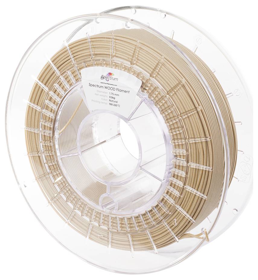 Eine Spule mit Holzfilament für 3D-Drucker, hellbraun, in einer transparenten Kunststoffverpackung. Etikett zeigt Produktdetails.