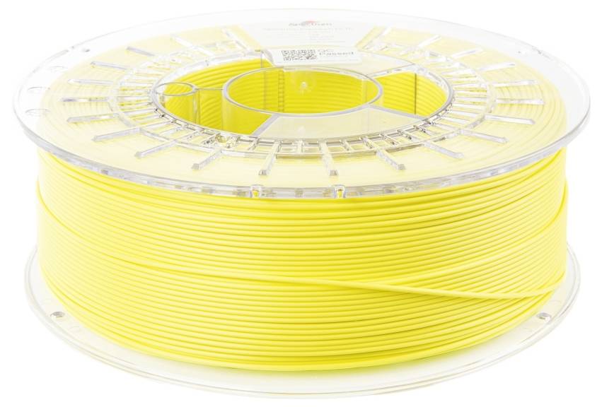 Gelbe 3D-Drucker-Filamentrolle aus Kunststoff, transparent umwickelt, bereit für den Einsatz in einem 3D-Drucker.