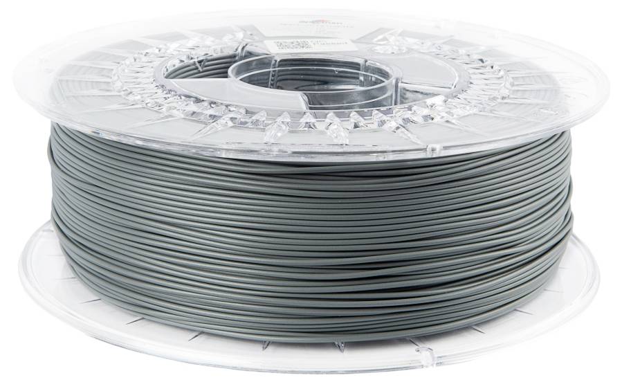 Eine transparente Spule mit grauem 3D-Druckerfilament, das sauber aufgewickelt ist und für den Einsatz in 3D-Druckern bereitsteht.