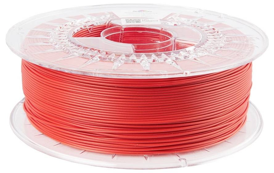 Eine Rolle rotes 3D-Druckerfilament auf einer transparenten Spule, bereit für den Gebrauch.