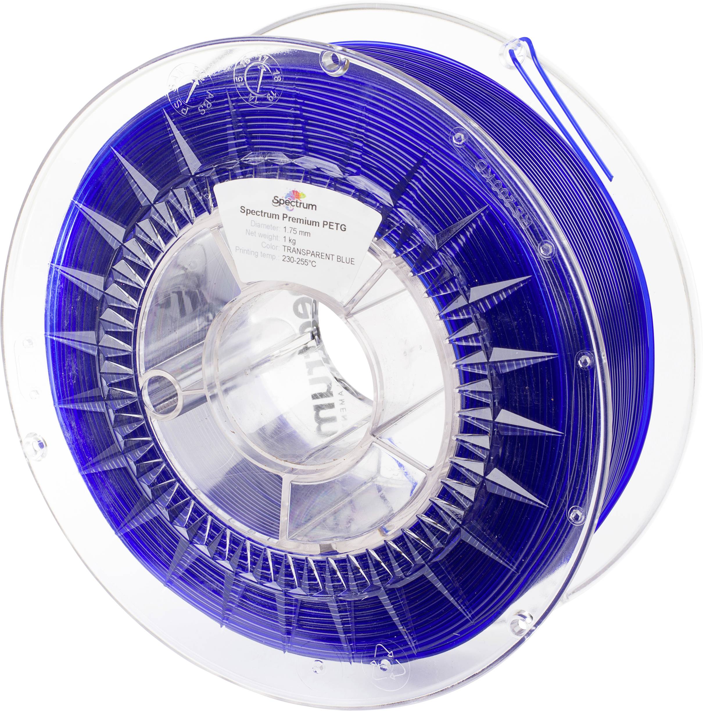 Eine Spule mit blauem 3D-Drucker-Filament aus PETG. Die Etikette zeigt die Spezifikationen: 1,75 mm Durchmesser, 1 kg Gewicht.