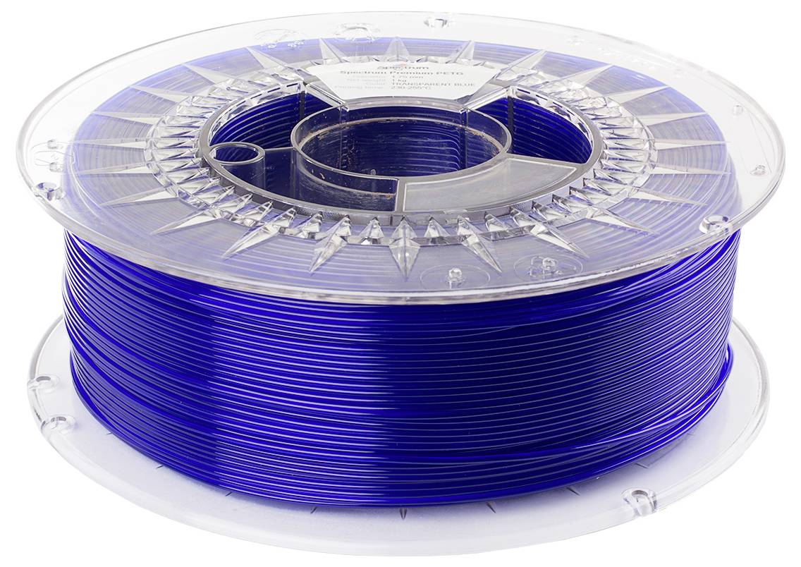 Eine durchsichtige Kunststoffspule mit blauen Filamentfäden für 3D-Drucker, kompakt aufgerollt und bereit für den Gebrauch.