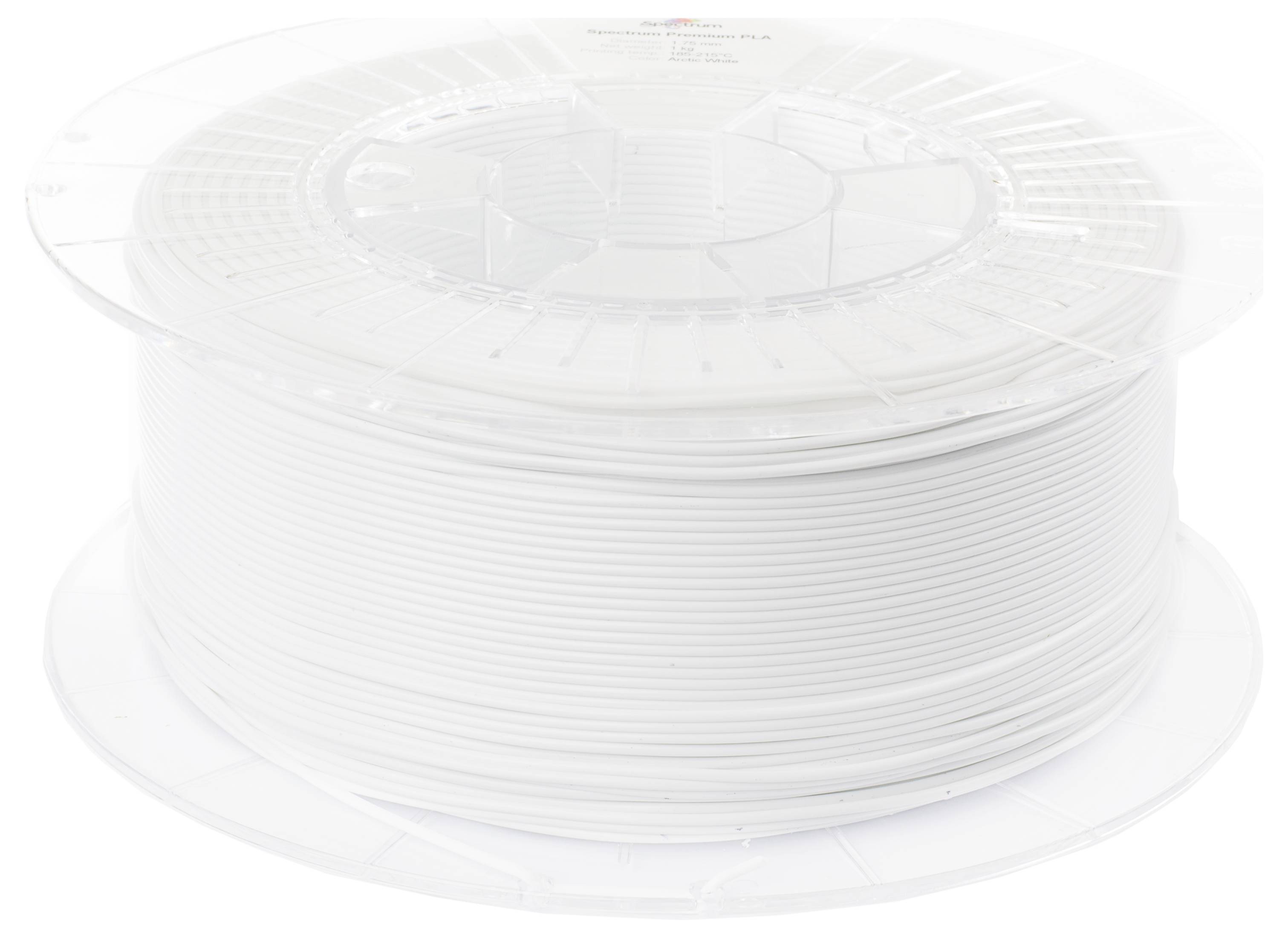 Weiße Filamentspule für 3D-Drucker auf einer transparenten Plastikspule.