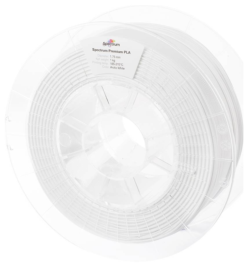 Eine Spule mit weißem PLA-Filament 'Spectrum Premium' für 3D-Drucker, 1,75 mm Durchmesser, zeigt Etikett oben mit Spezifikationen.