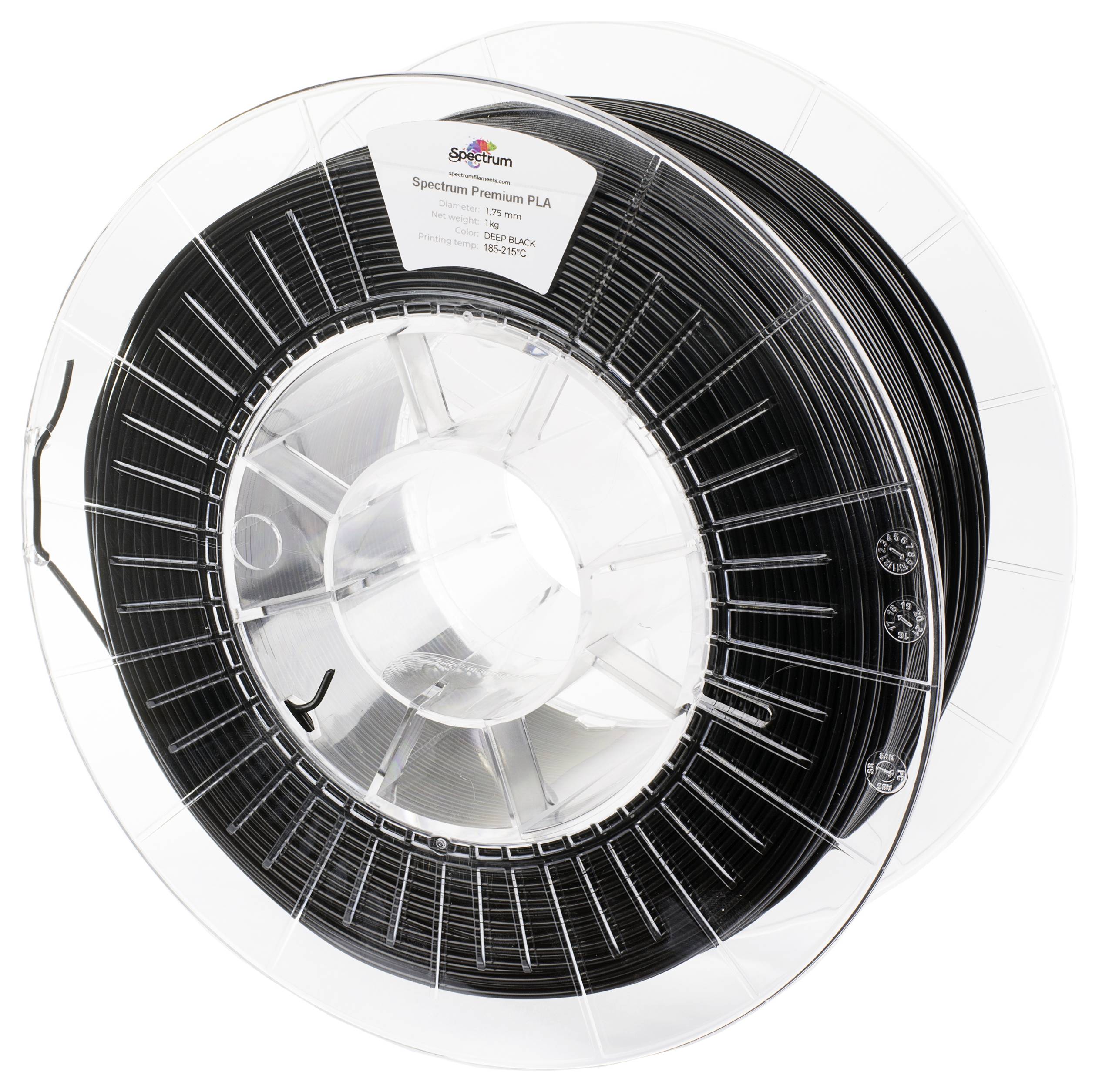 Eine Rolle schwarzes 3D-Druckerfilament, beschriftet mit 'Spectrum Premium PLA', geeignet für 3D-Druck bei 200-230°C.