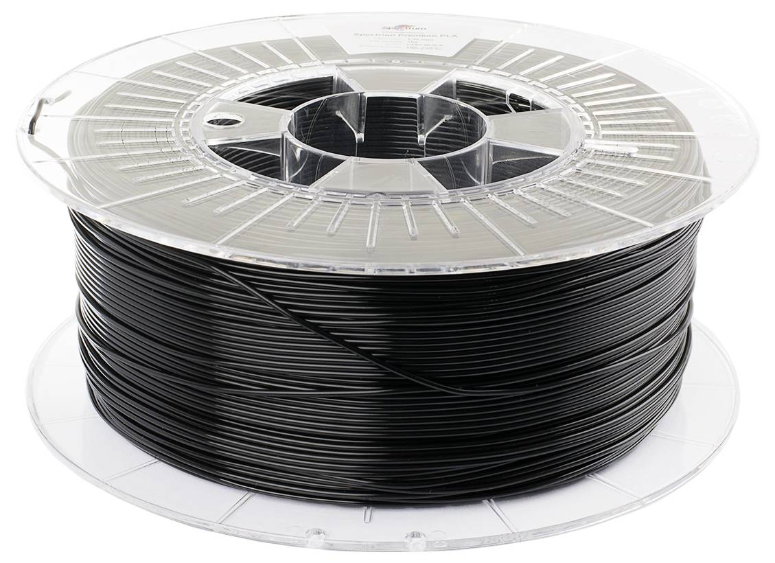 Eine Rolle mit schwarzem Filament für 3D-Drucker. Der Kunststofffaden ist sauber auf der transparenten Spule aufgewickelt.