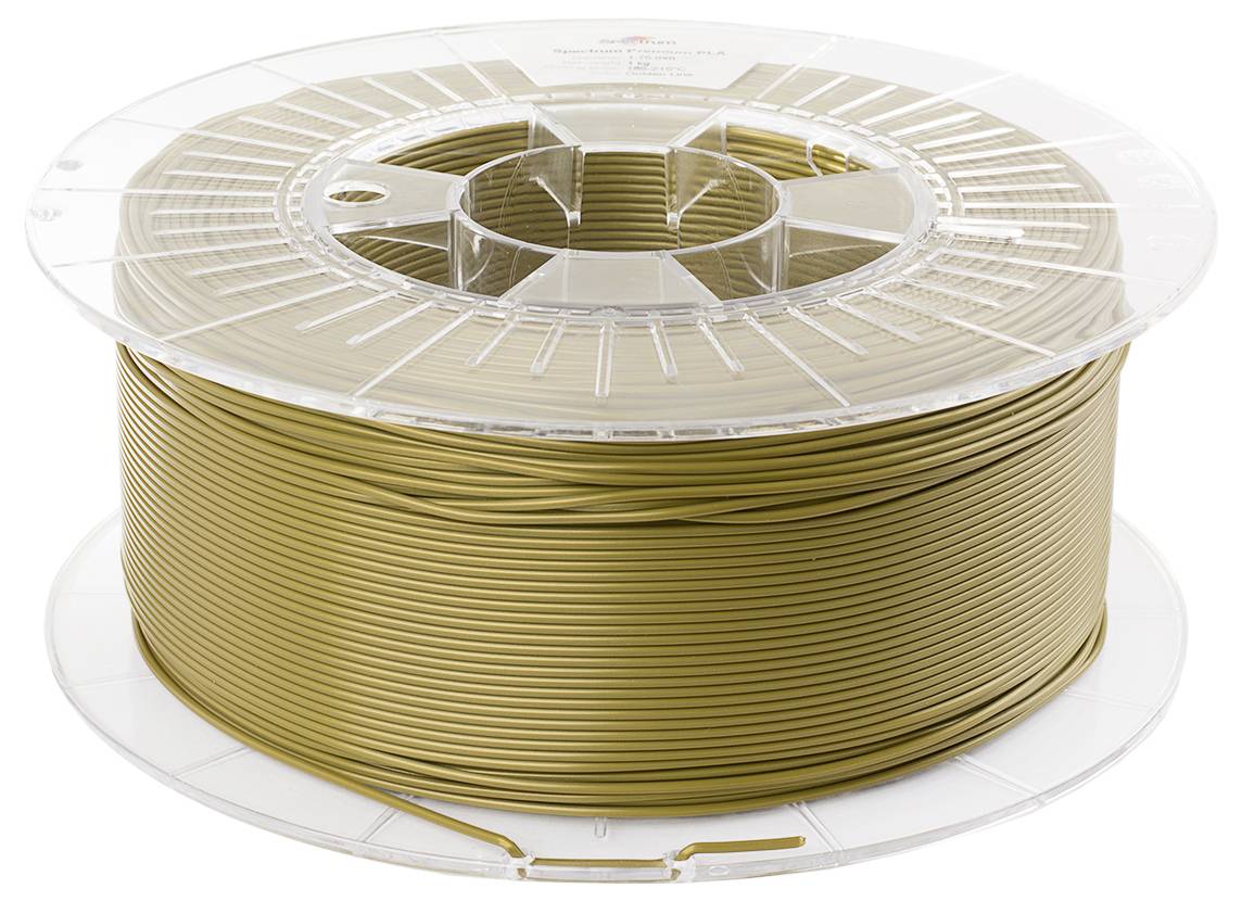 Eine transparente Kunststoffspule, die mit goldbraunem Filament für 3D-Drucker aufgewickelt ist.