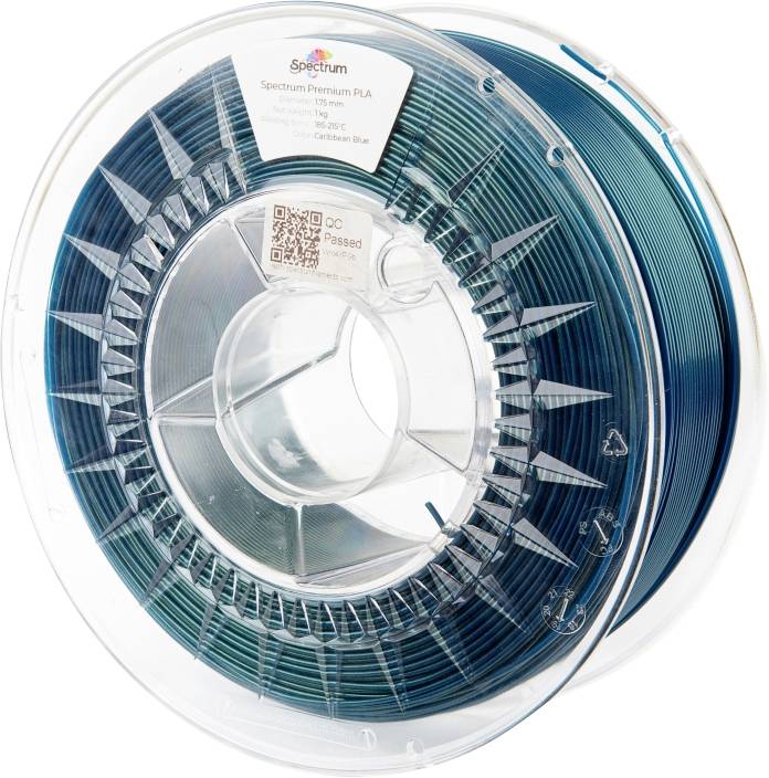 Eine Spule mit türkisfarbenem 3D-Drucker-Filament aus PLA-Material, verpackt in einer durchsichtigen Kunststoffhülle.