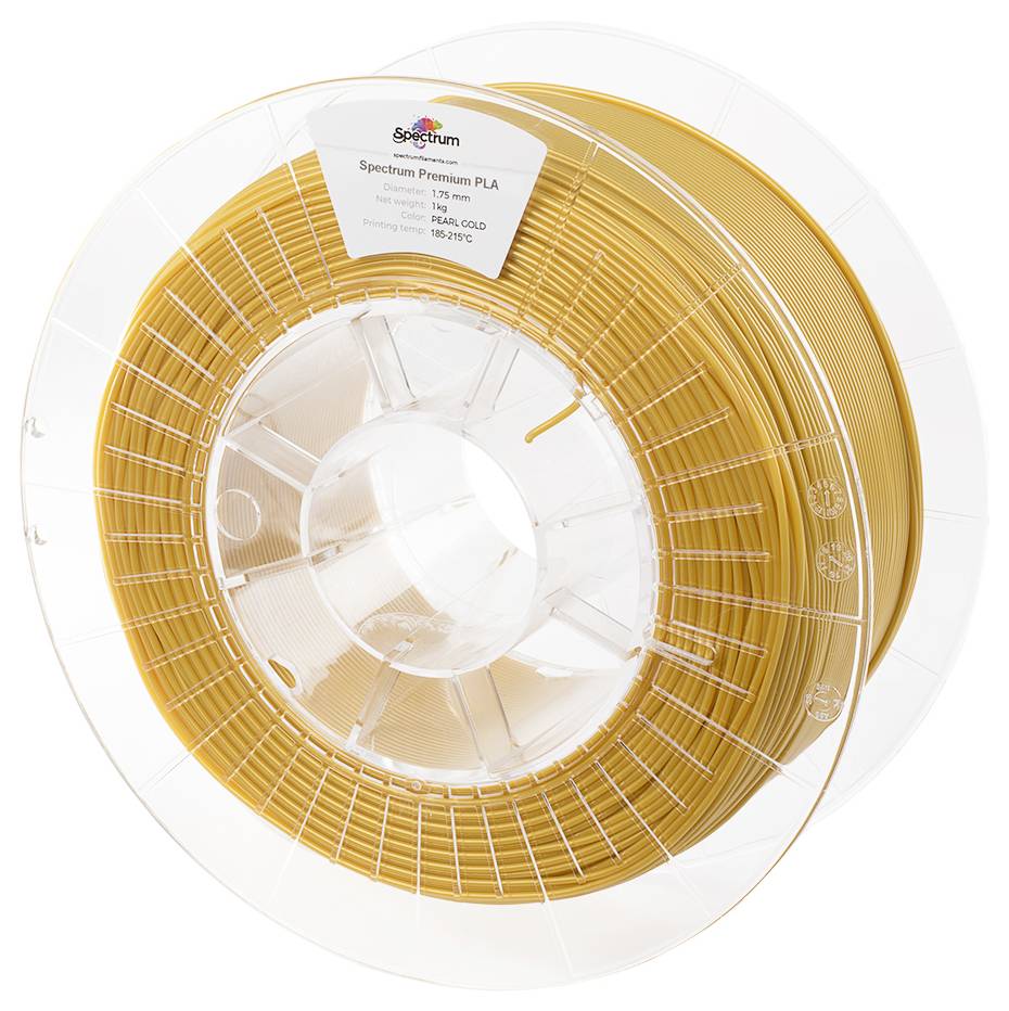 Eine Spule mit goldfarbenem 3D-Drucker-Filament aus PLA von Spectrum.
