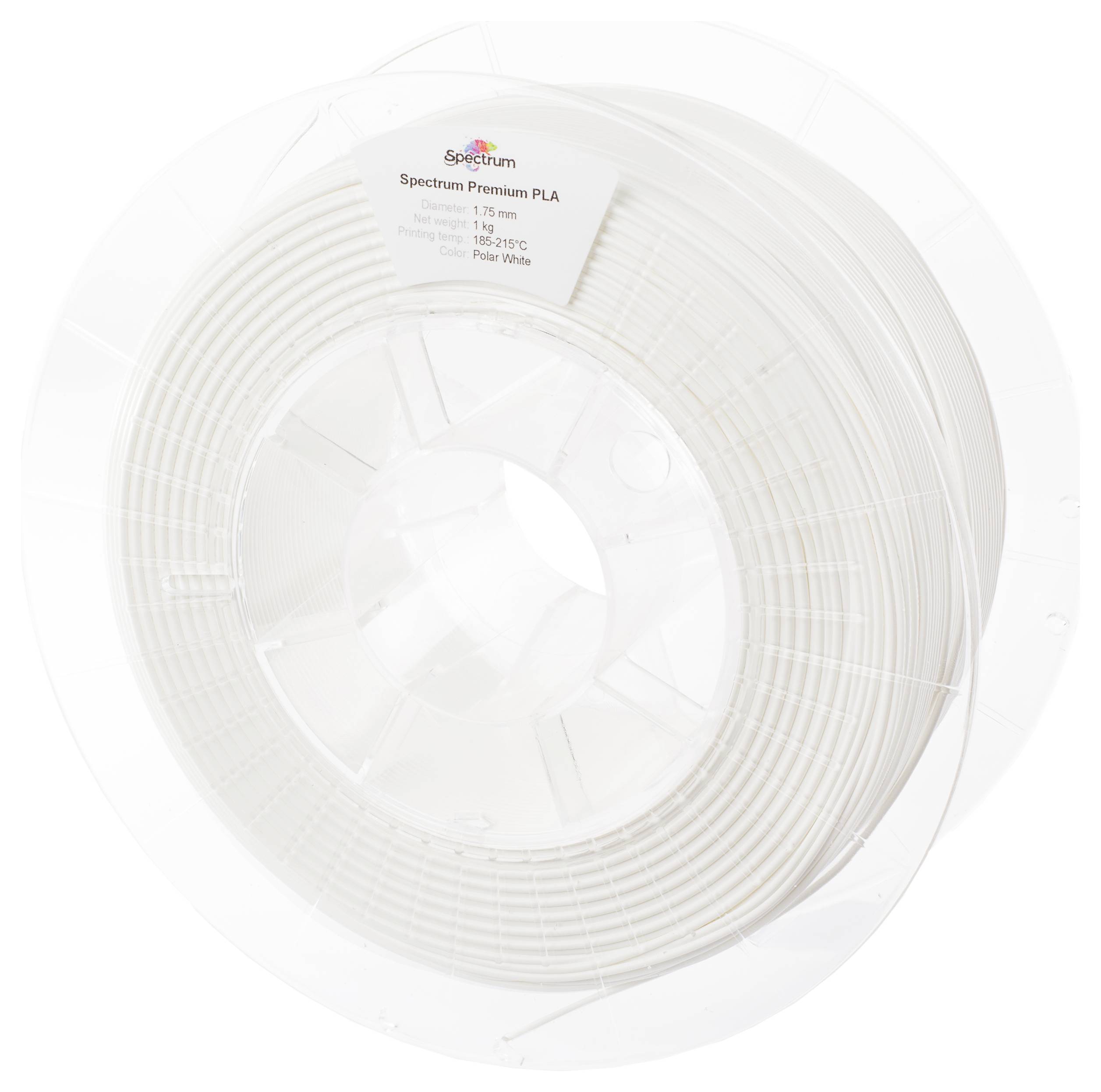 3D-Druckfilament in klarem Plastikbehälter. Etikett 'Spectrum Premium PLA' mit Spezifikationen: 1,75 mm, 180-230°C, Polar White.