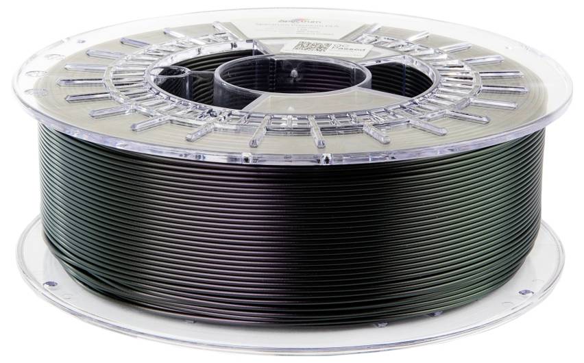 Eine Rolle mit schwarzem Filament für 3D-Drucker, gewickelt auf einer transparenten Kunststoffspule.