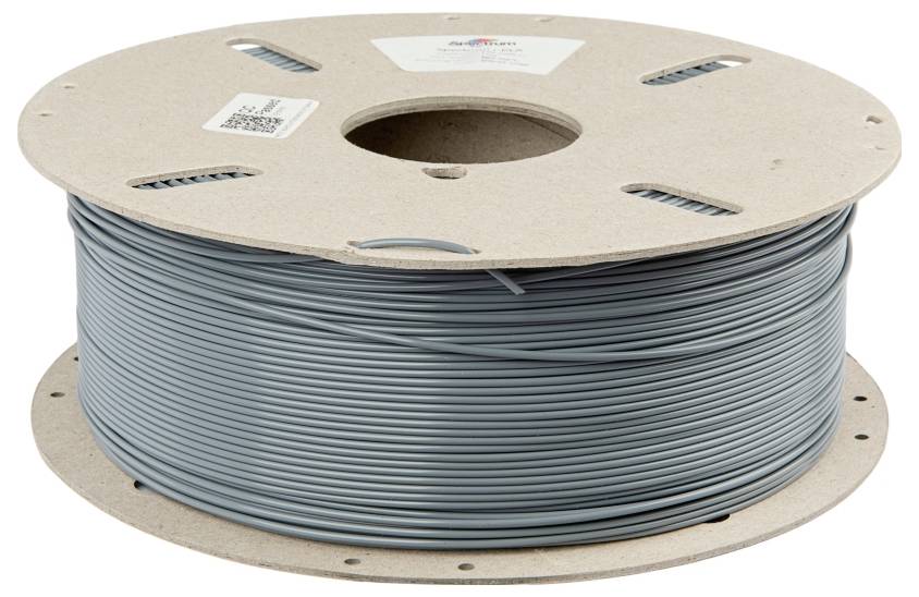 Eine große Spule mit grauem Kabel ist auf einem runden, flachen Pappträger aufgerollt.