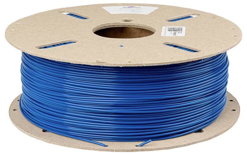 Eine große Spule mit blauem Kabel, gleichmäßig aufgewickelt auf einer Holzrolle.