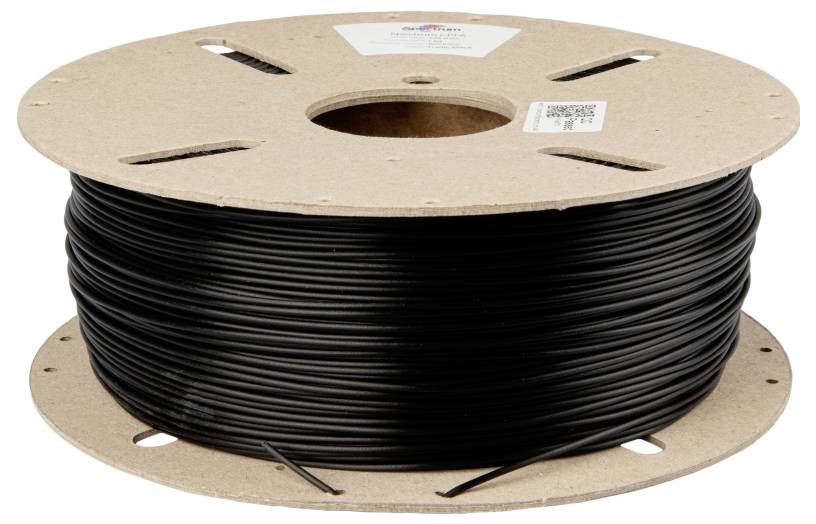 Schwarzer Kabeldraht auf einer großen Holzspule; geeignet für elektrische Installationen.