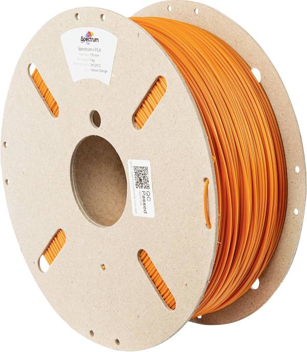 Kunststoffspule mit orangefarbenem 3D-Druckerfilament. Spule ist aus Pappe, umweltfreundlich designt. Ideal für 3D-Druckprojekte.