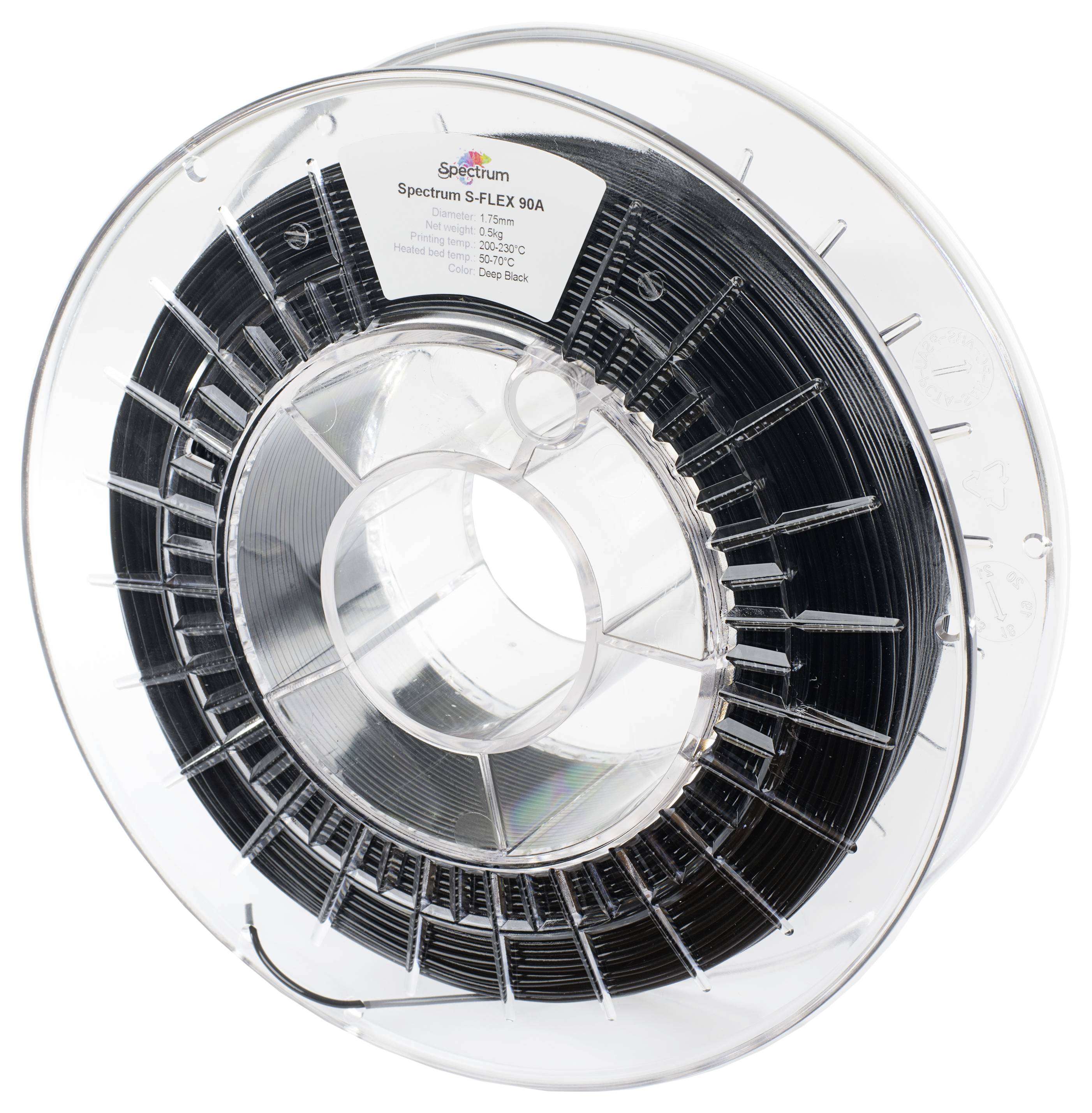Spule mit schwarzem 3D-Druckfilament, 1,75 mm Durchmesser. Etikett zeigt Marke 'Spectrum S-FLEX 90A', Material TPU, Gewicht 1 kg.