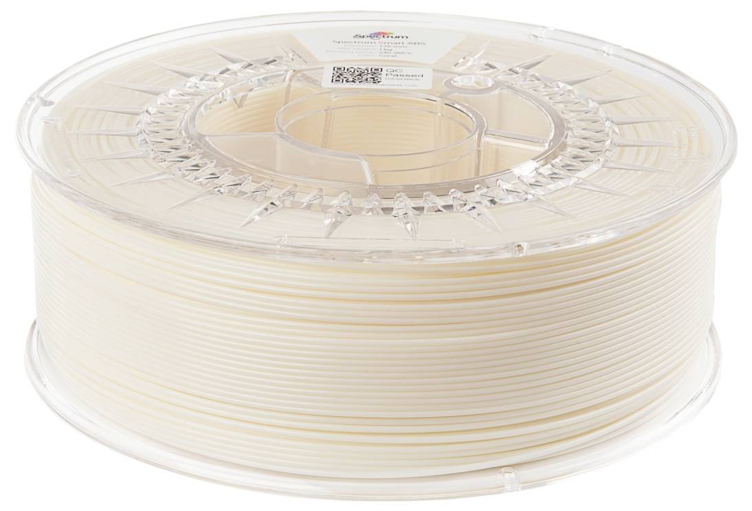 Spule mit cremefarbenem 3D-Drucker-Filament, Kunststoffmaterial auf einer durchsichtigen Plastikspule, geeignet für FDM-Drucker.