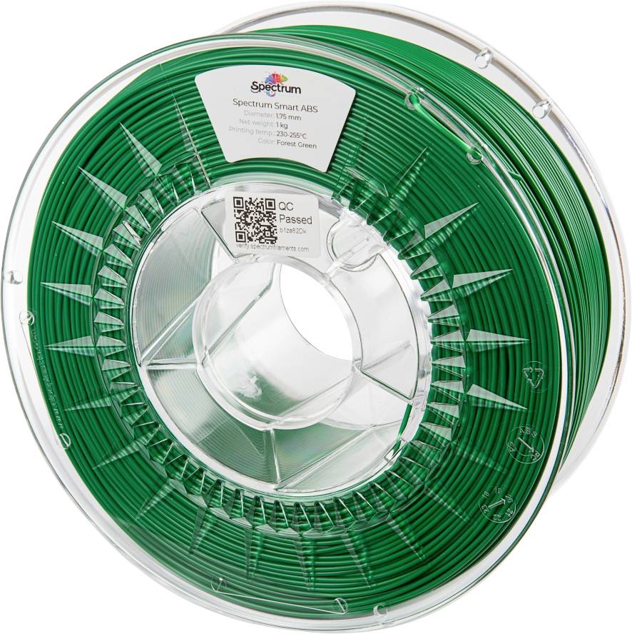 Grüne 3D-Druckerfilamentspule aus ABS-Kunststoff von Spectrum. Enthält Labels mit Temperaturangaben und Materialien.