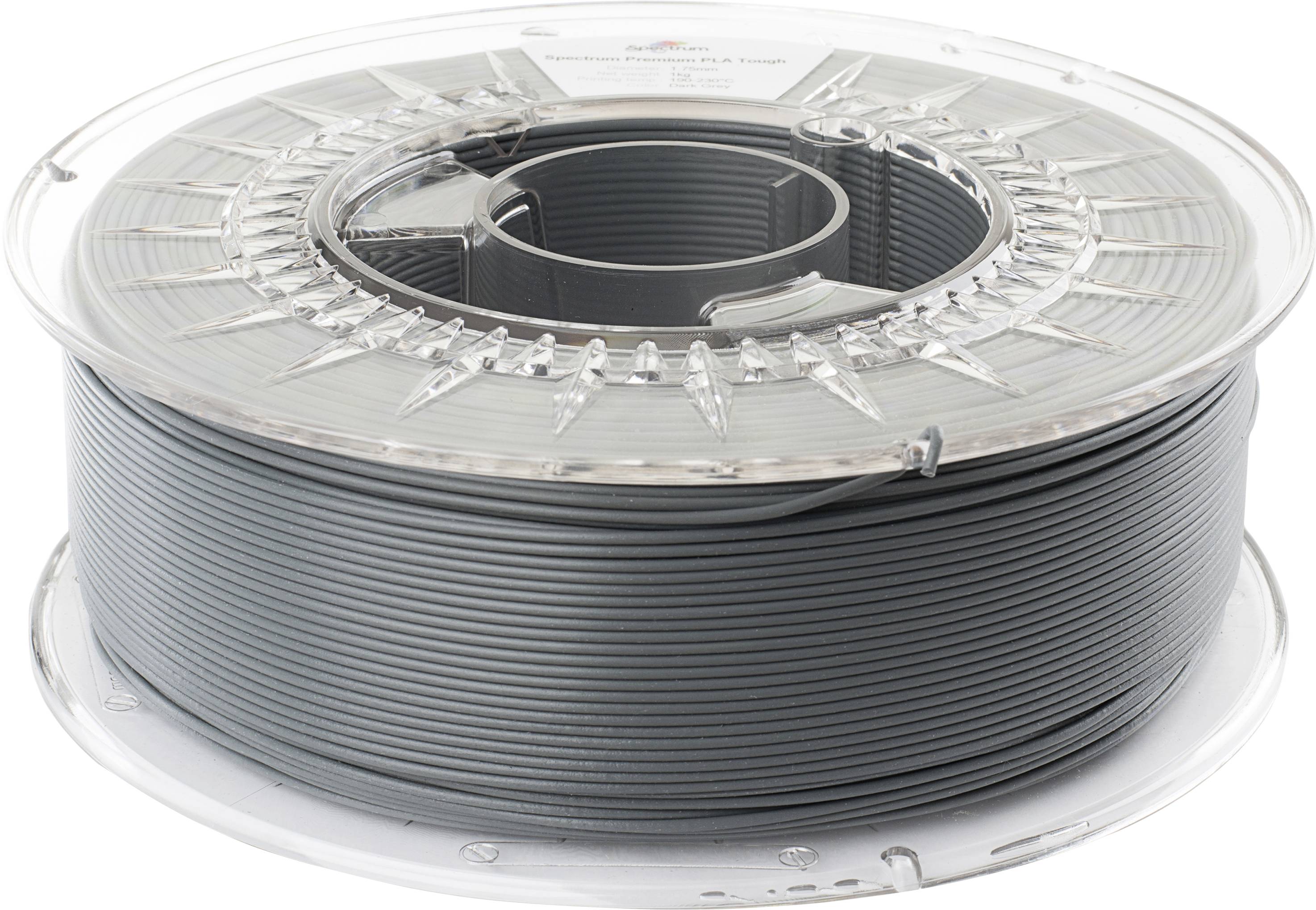 Rolle mit grauem Kunststoff-Filament für 3D-Drucker, in durchsichtiger Plastikverpackung.