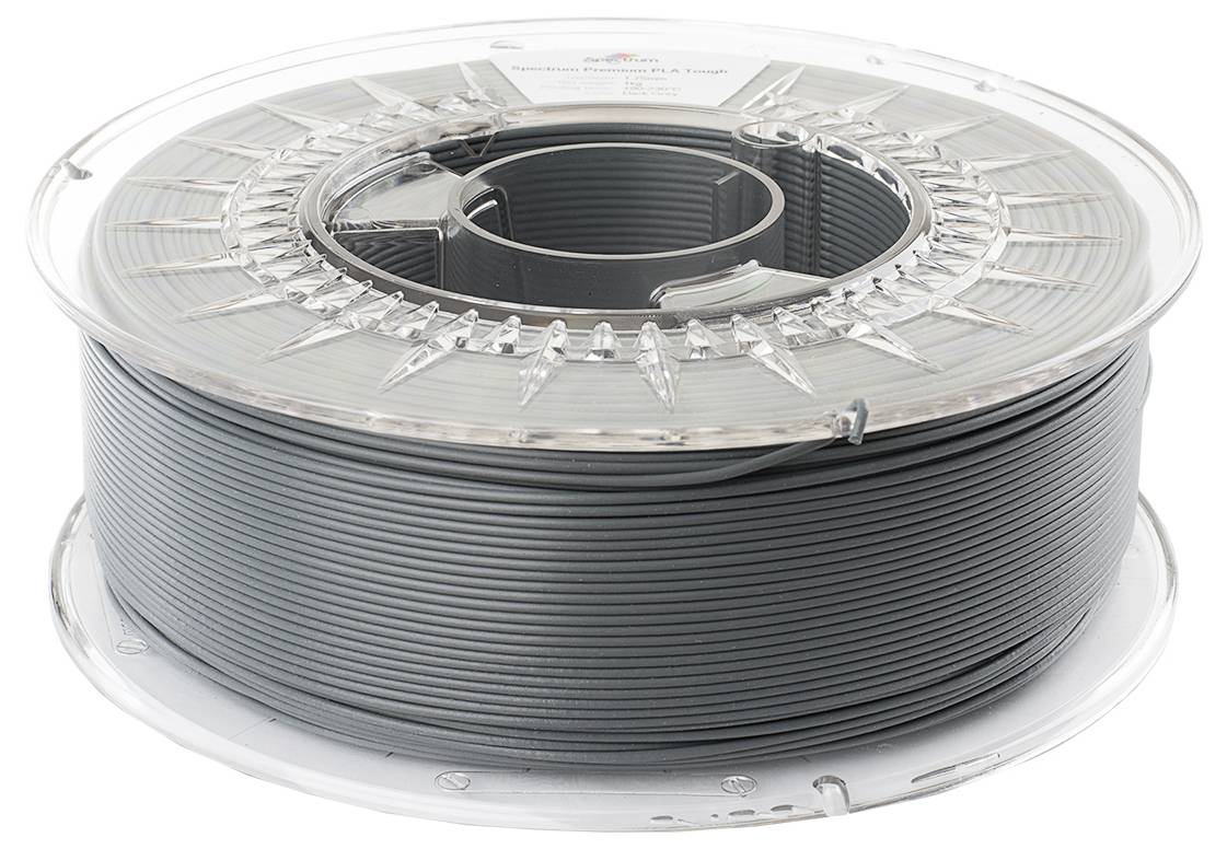 Spule mit grauem Filament für 3D-Drucker, in einer transparenten Plastikverpackung.