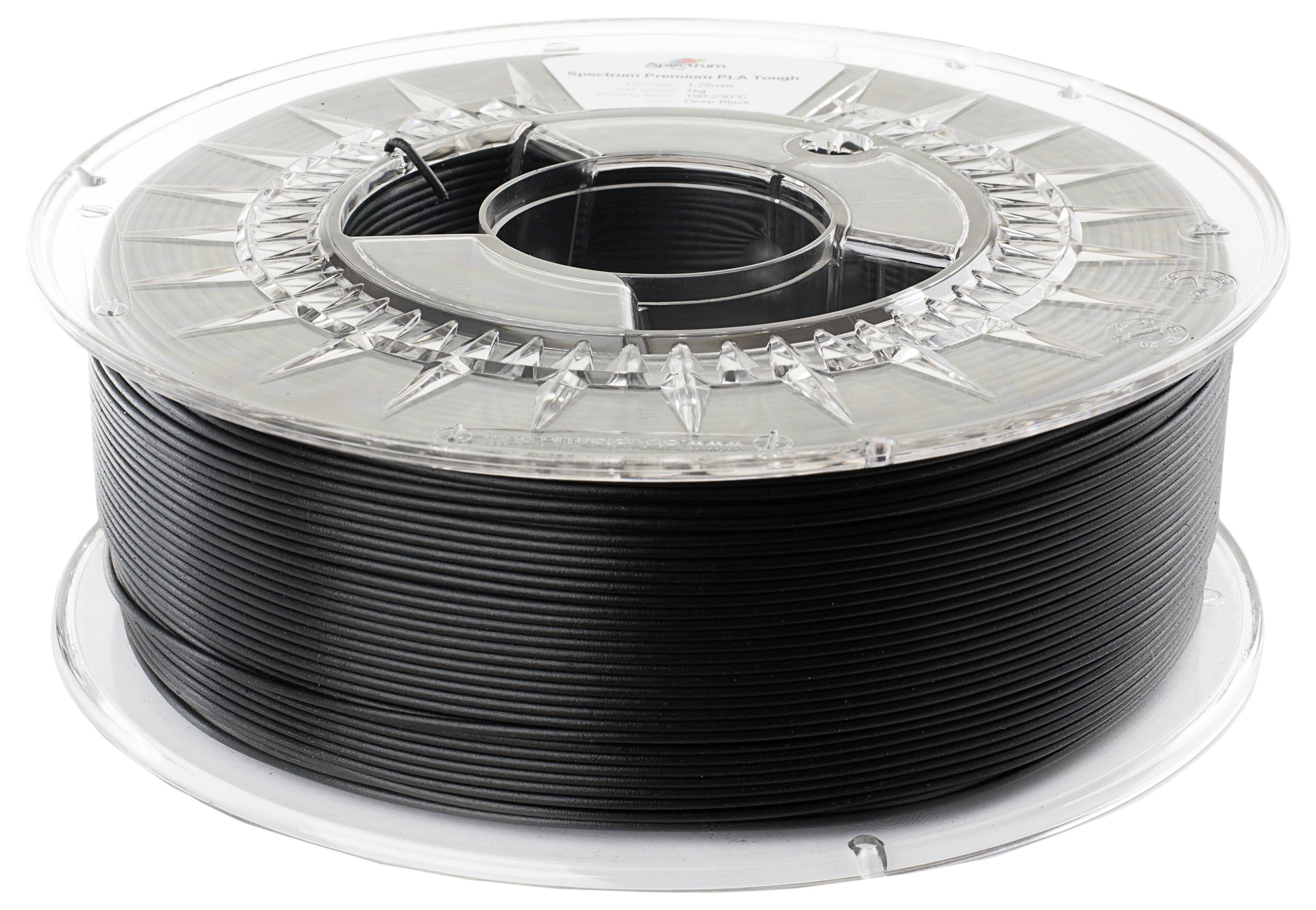 Eine Spule mit schwarzem 3D-Druckerfilament, das für den Einsatz in 3D-Druckern zur Herstellung von Objekten verwendet wird.