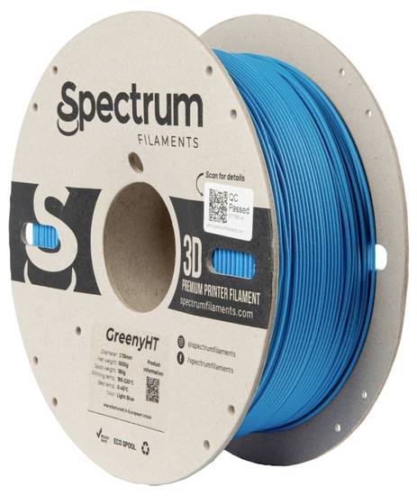 Eine Spule mit blauem 3D-Drucker-Filament von 'Spectrum Filaments', Modell 'GreenyHT'.