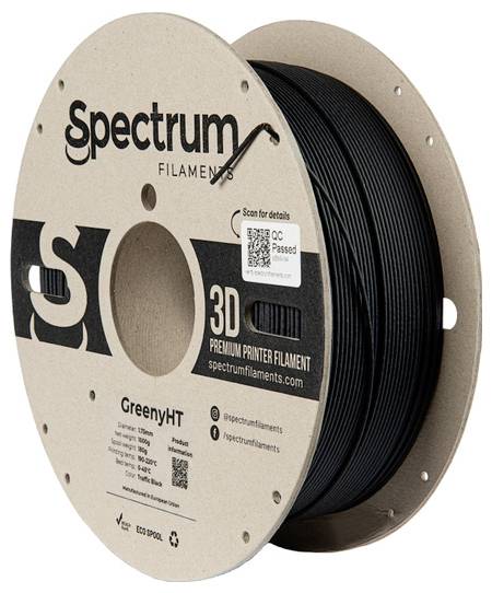 Eine Rolle schwarzes 3D-Drucker-Filament von Spectrum Filaments, markiert als 'GreenyHT'.