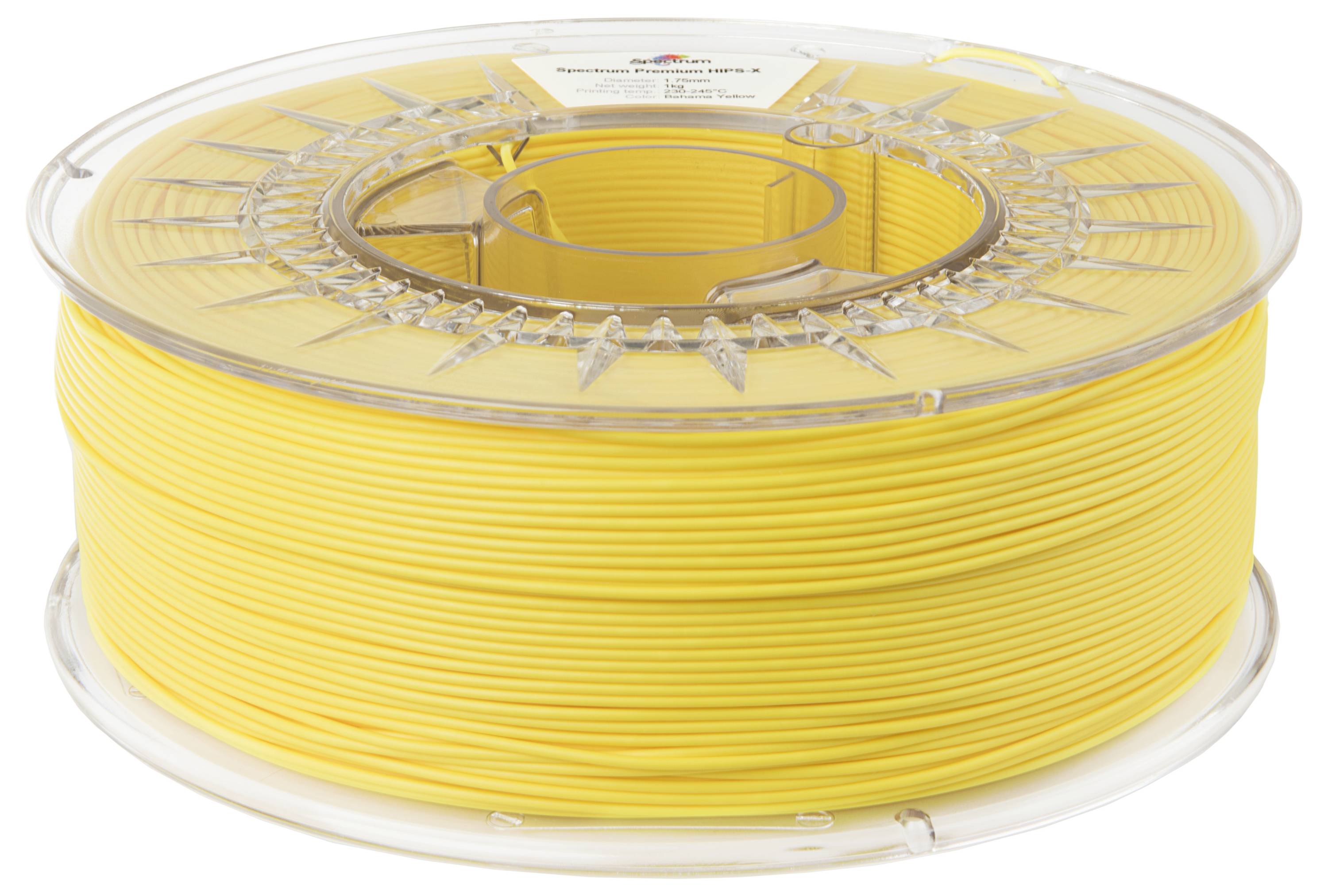 Gelbe 3D-Drucker-Filamentspule aus PLA-Material. Die Spule ist rund und transparent, mit sichtbarem gelbem Filament.