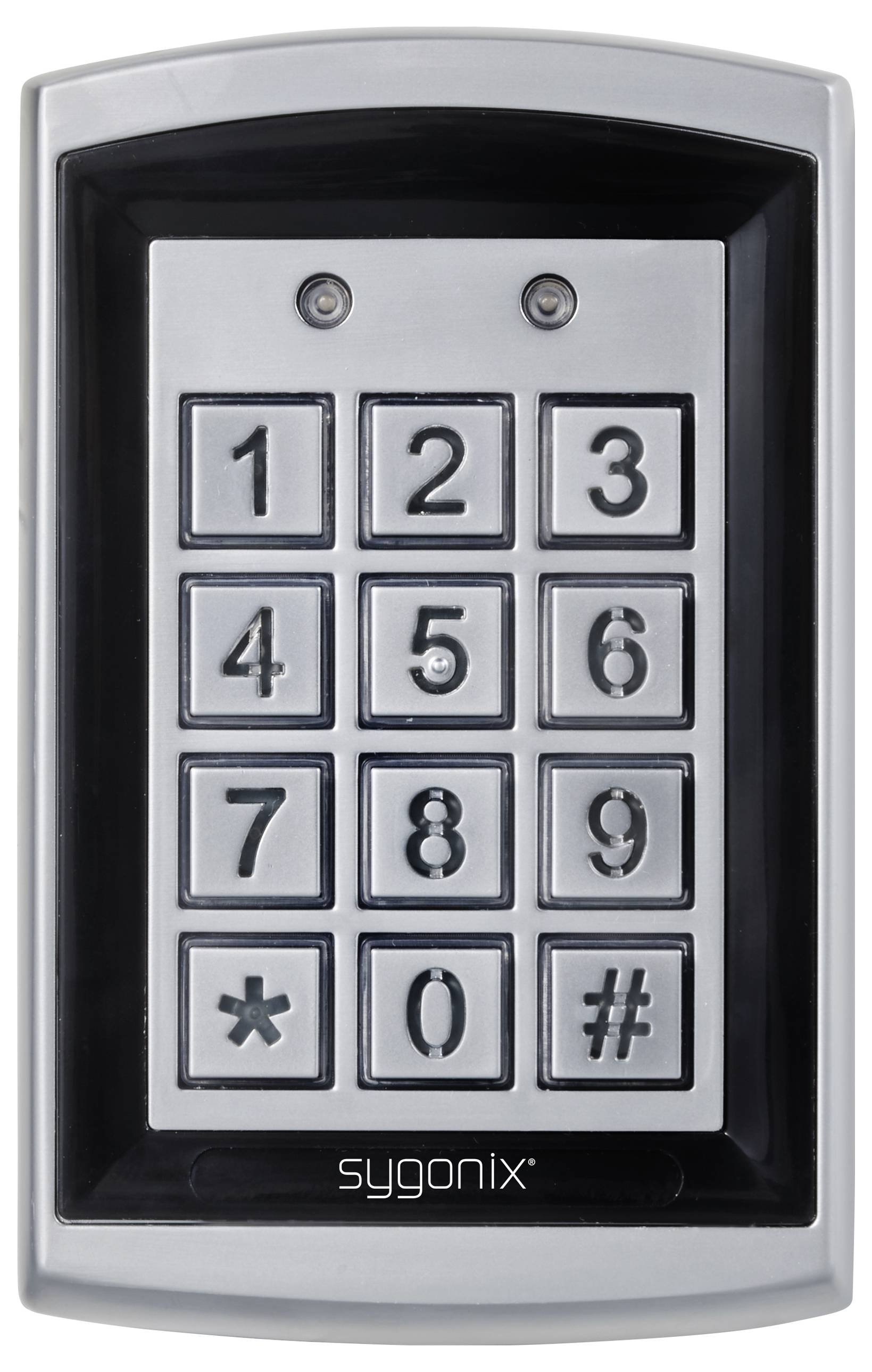 Metallisches Tastenfeld mit zwölf Tasten in drei Spalten, nummeriert von 1 bis 9, sowie '*' und '#' unten, Marke 'sygonix'.