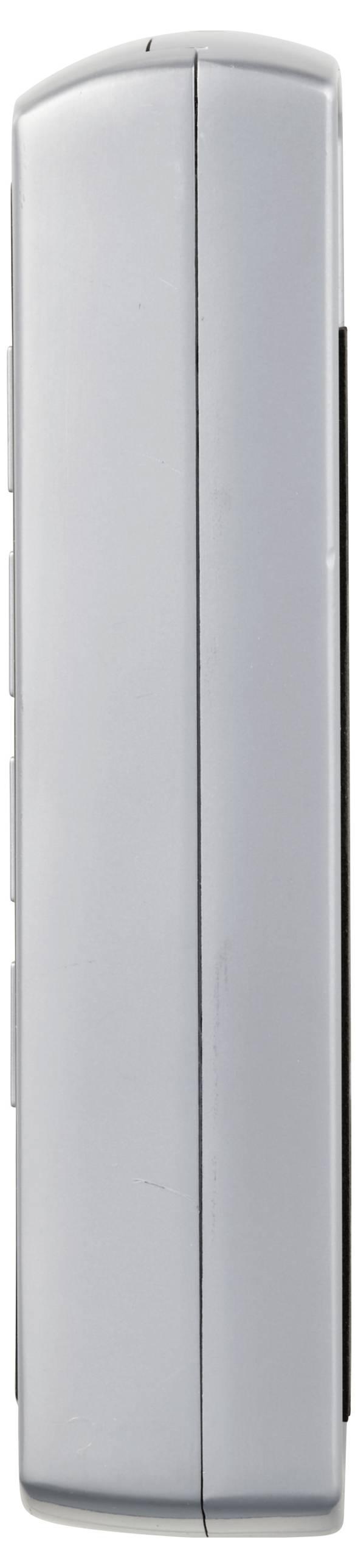 Ein schlanker, grauer Fernbedienung seitlich dargestellt.