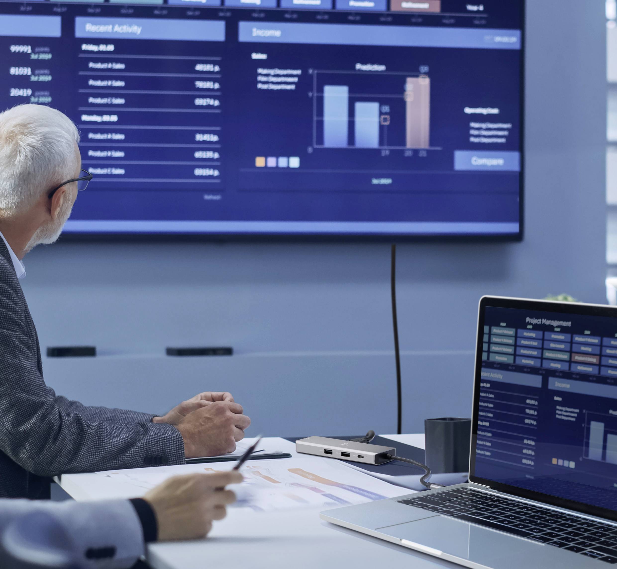 Ein älterer Mann sitzt an einem Besprechungstisch und betrachtet Diagramme und Daten auf einem großem Bildschirm, die Performance-Daten zeigen.