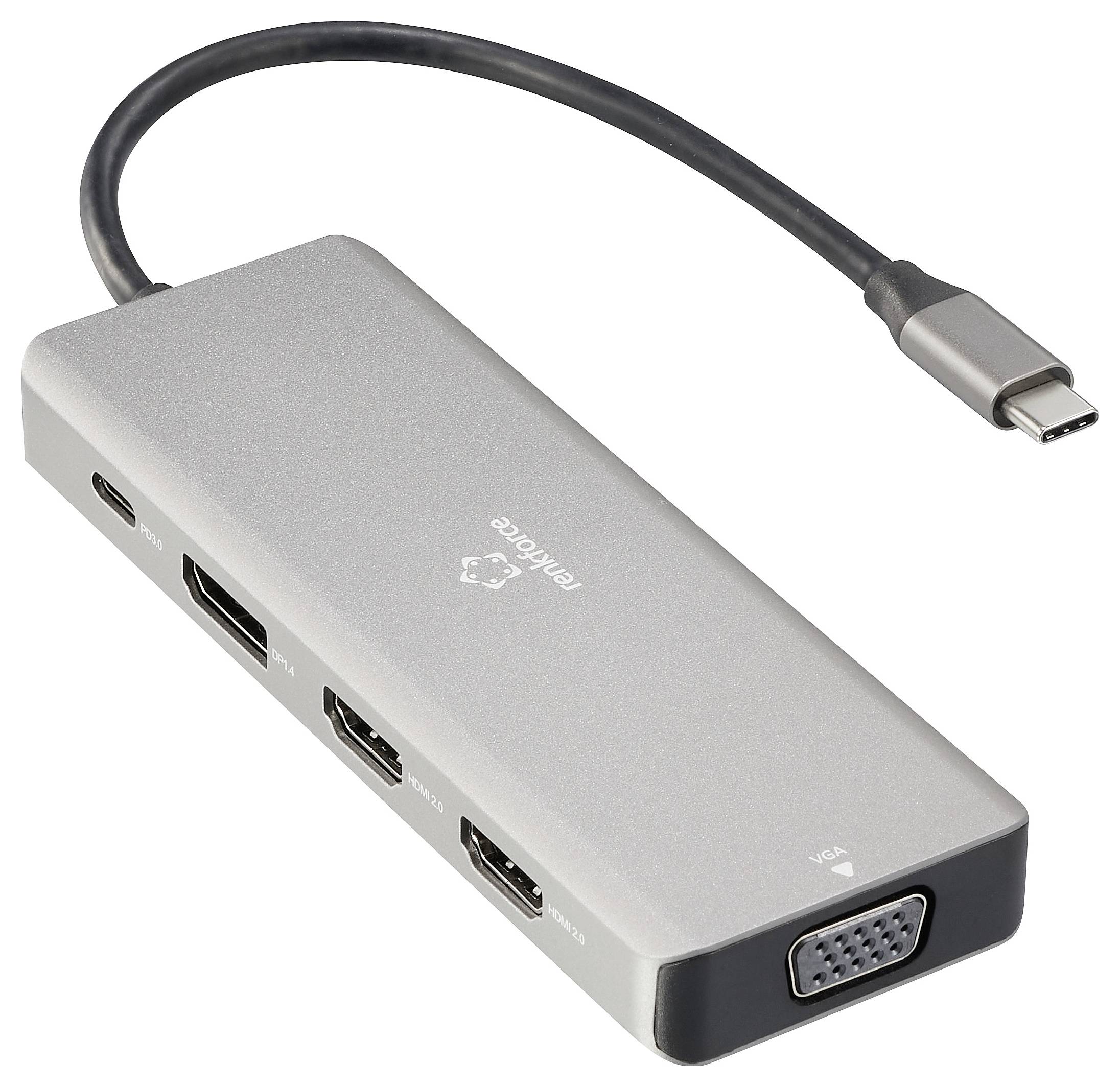 USB-C-Hub mit mehreren Anschlüssen: USB-C, VGA, HDMI und zwei USB-A-Anschlüsse. Silbernes Gehäuse, kompakt und tragbar.
