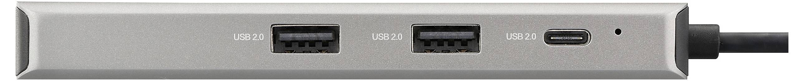 Ein USB-Hub mit zwei USB-A-Anschlüssen und einem USB-C-Anschluss, verbunden über ein Kabel.