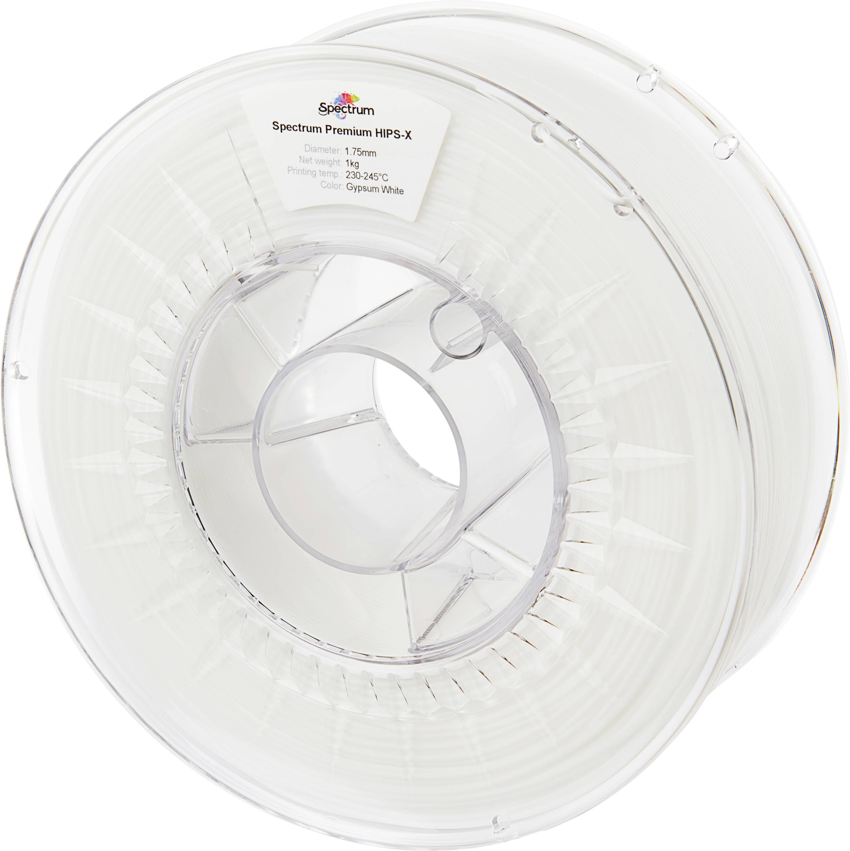 Klare Plastikspule mit einem Etikett, auf dem 'Spectrum Premium HIPS-X, 1,75mm, Opalweiß' steht. Verwendet für 3D-Druck.