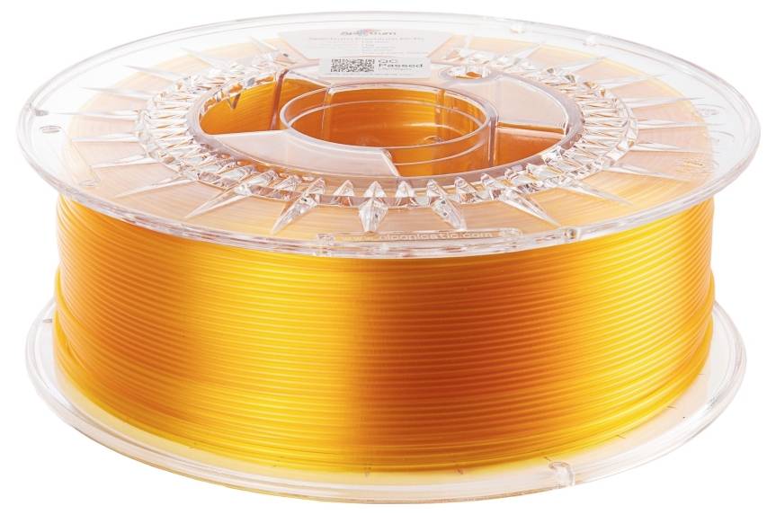 Eine transparente Kunststoffspule mit orangefarbenem 3D-Drucker-Filament. Sie hat ein gleichmäßiges Wickelmuster und helle, klare Farbe.