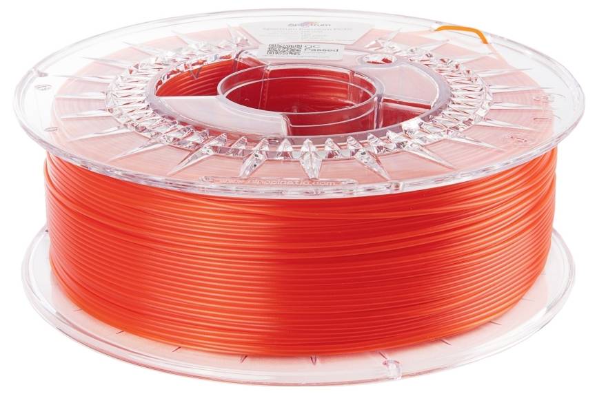 Spule mit orangem 3D-Druckfilament aus Kunststoff, transparentes Gehäuse, für den Einsatz im 3D-Druck.
