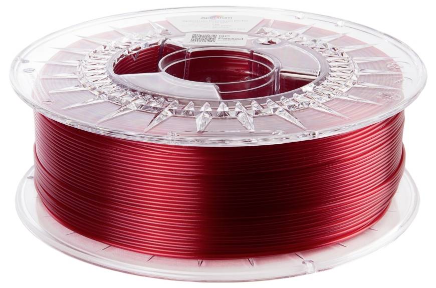 Rolle mit rotem 3D-Druckerfilament, sauber aufgespult, durchsichtige Plastikverpackung.