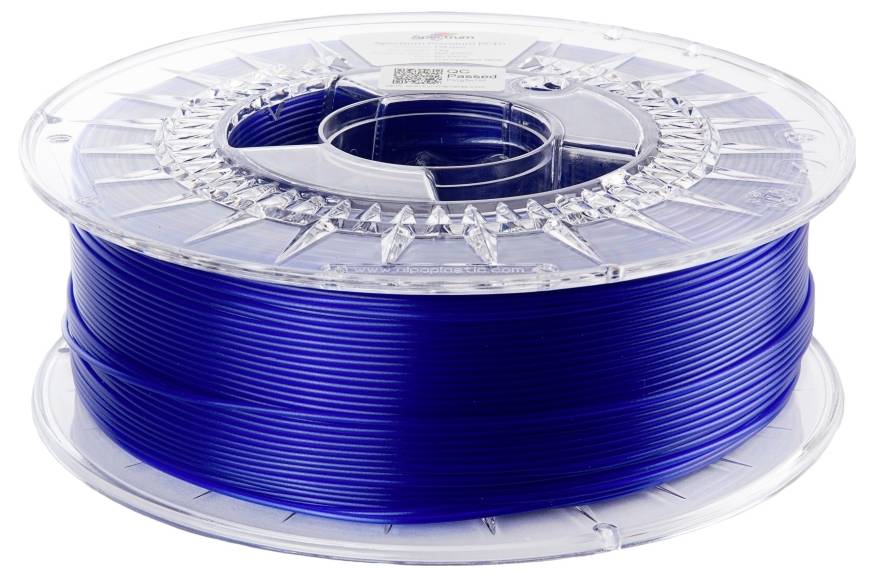 Eine durchsichtige Spule mit blauem 3D-Drucker-Filament.