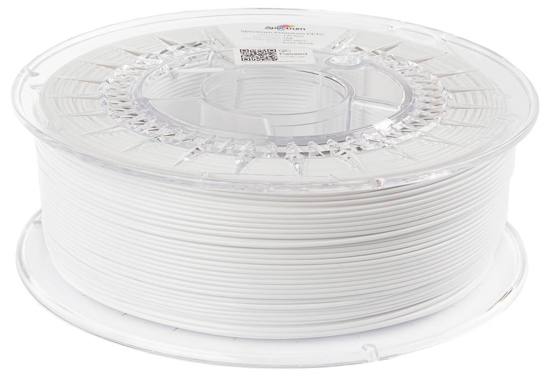 Eine Rolle mit weißem 3D-Drucker-Filament auf einer transparenten Spule, erkennbar durch das Etikett oben.