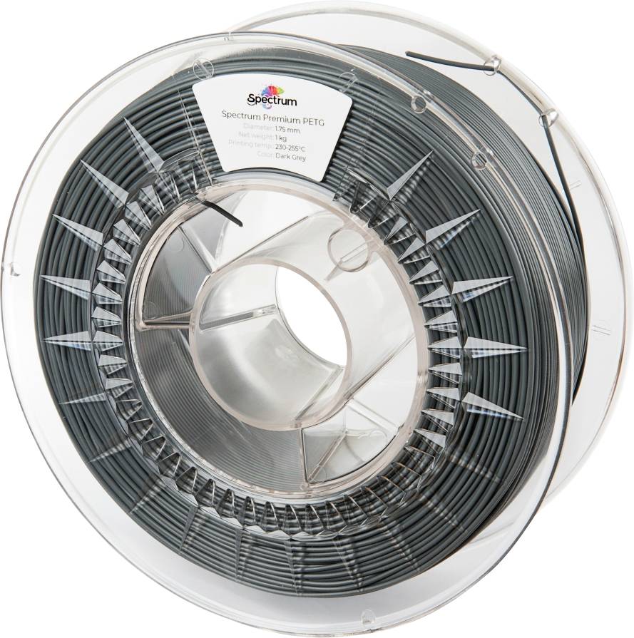 Eine Spule mit dunkelgrauem 3D-Druckerfilament aus PETG von Spectrum.