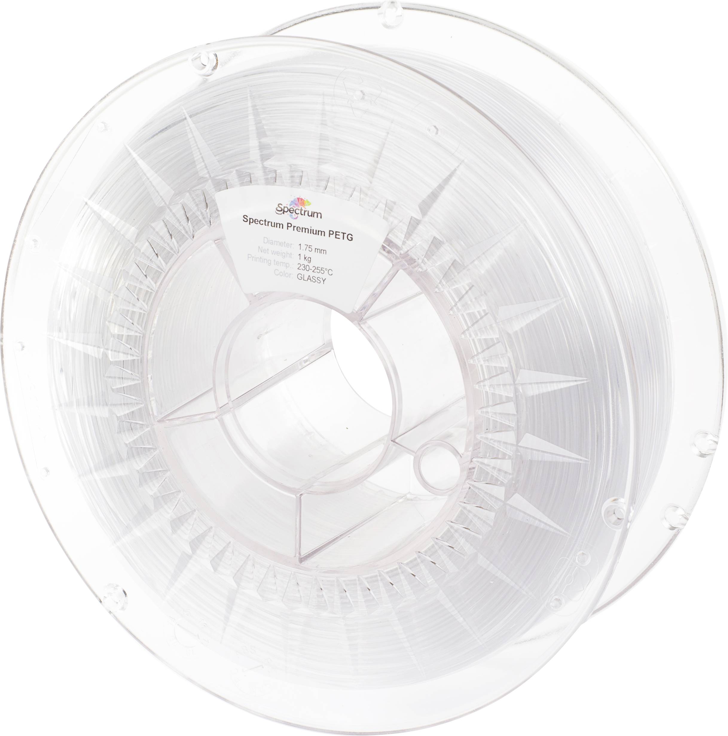 Eine transparente Spule PETG-Filament für 3D-Drucker, Marke 'Spectrum Premium', 1,75 mm Durchmesser, 3D-Druckmaterial.