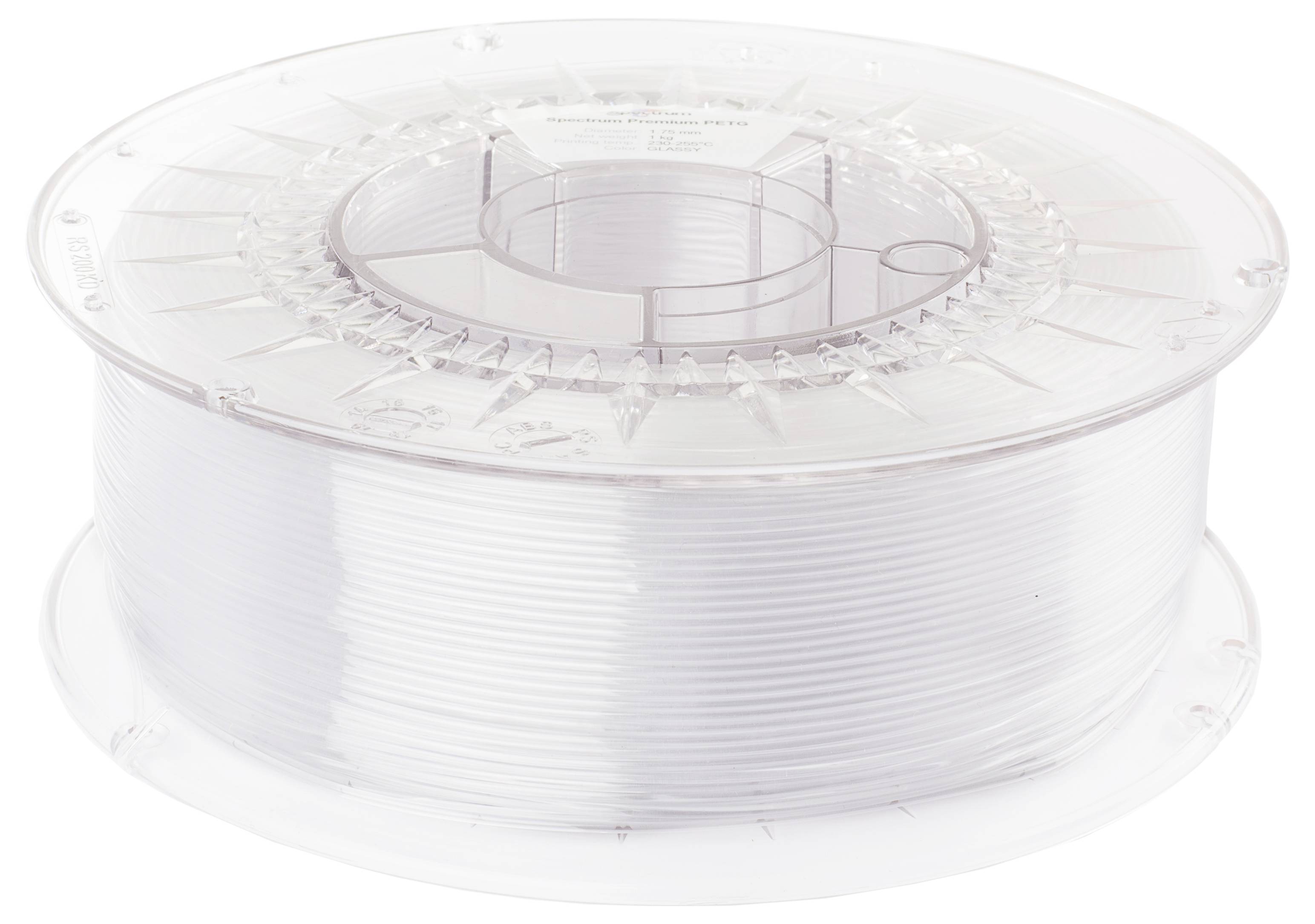 Eine Spule mit weißem 3D-Druckerfilament, transparentes Gehäuse, für additive Fertigung verwendet.