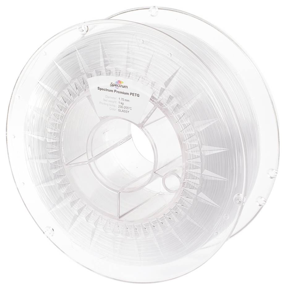 Eine Spule mit transparentem 3D-Druckerfilament, etikettiert als 'Spectrum Premium PETG'.