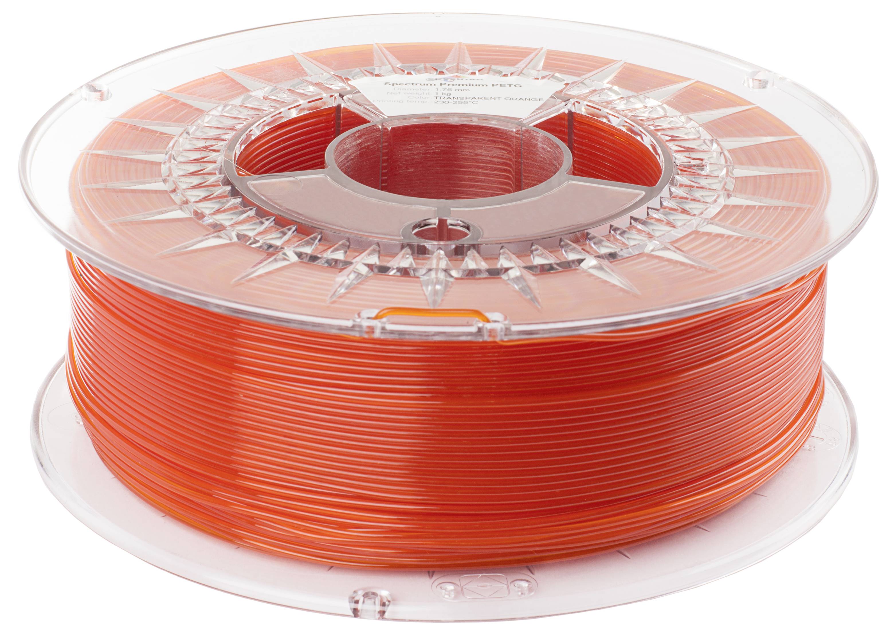 Eine transparente Spule mit orangefarbenem 3D-Druckerfilament.