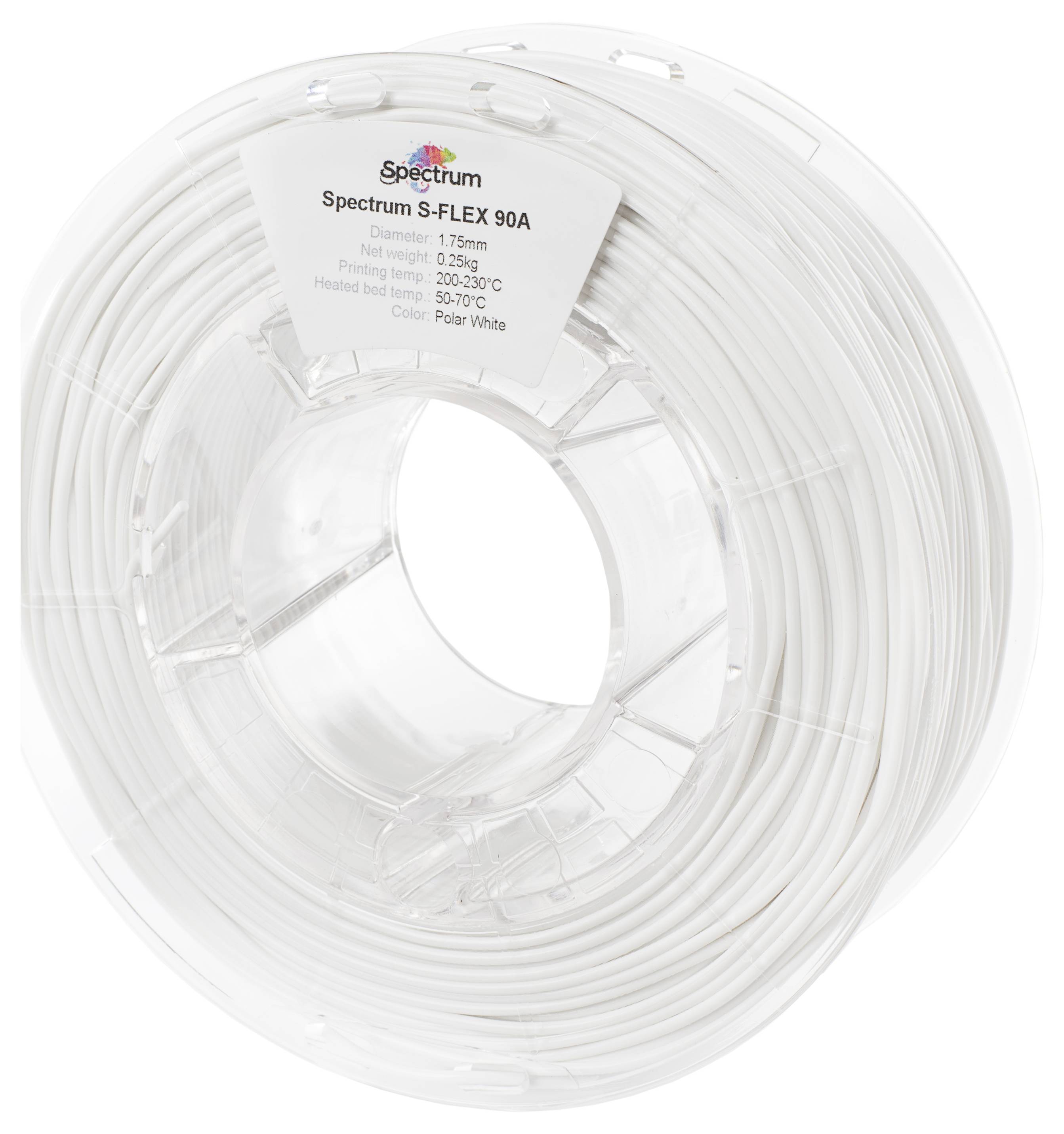 Weiße Filamentspule mit Etikett: 'Spectrum S-FLEX 90A', Durchmesser: 1,75 mm, Toleranz: ± 0,05 mm, Heiztemperatur: 200–230°C.