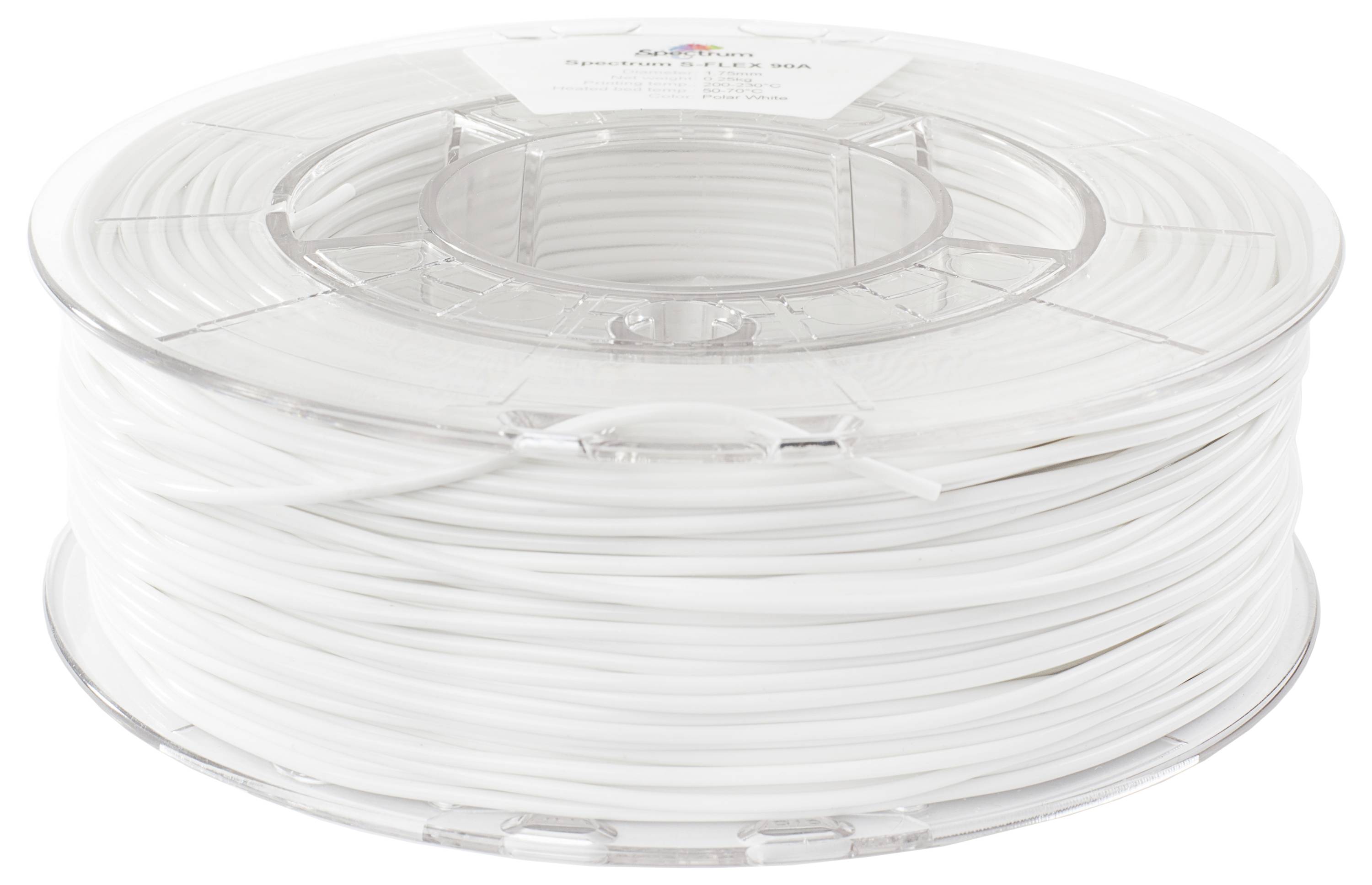 Eine Spule mit weißem 3D-Drucker-Filament aus Kunststoff. Die Spule ist transparent und das Filament gleichmäßig aufgewickelt.