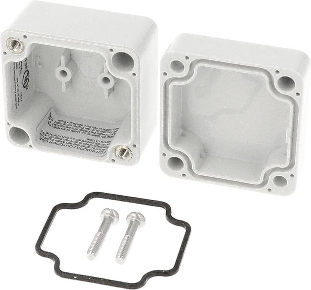 Zwei geöffnete graue Kunststoffgehäuse mit Dichtungsring und zwei Schrauben. Geeignet für elektrische Installationen im Innenbereich.