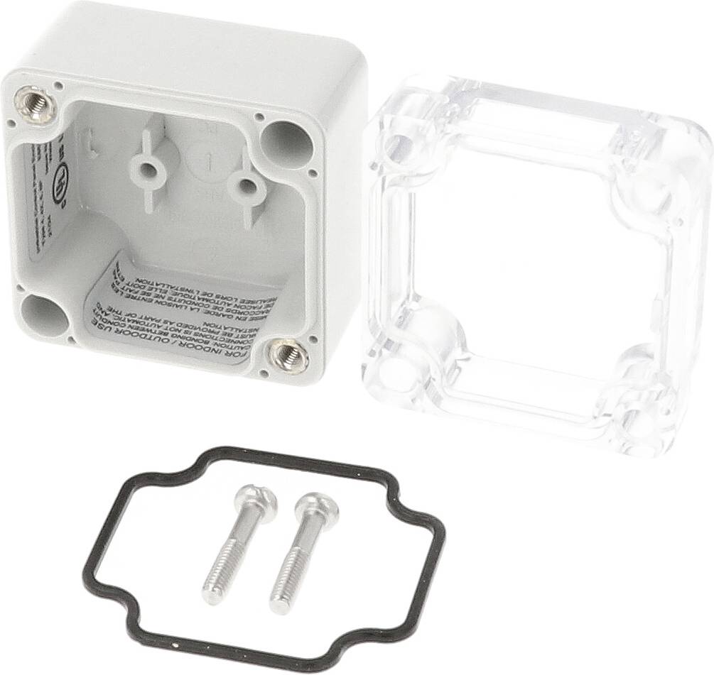 Elektrische Anschlussdose mit offenem Deckel, zwei Metallschrauben und einer schwarzen Dichtung auf weißem Hintergrund.